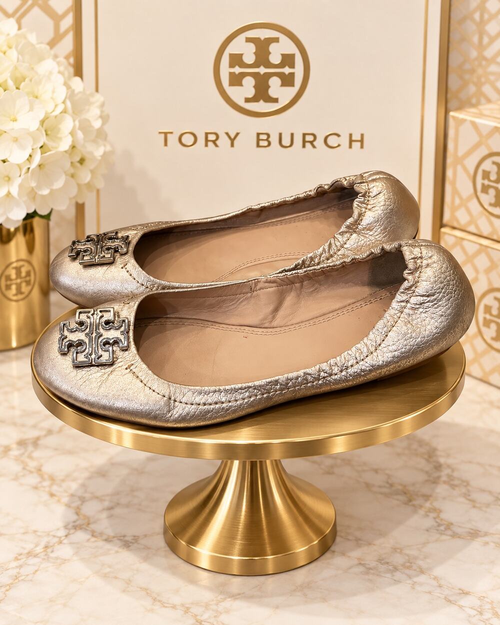 Tory Burch Reva Gold Metallic Leather Ballet Flats Women’s 8.5